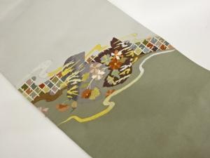 綴れ花に格子模様織出し名古屋帯